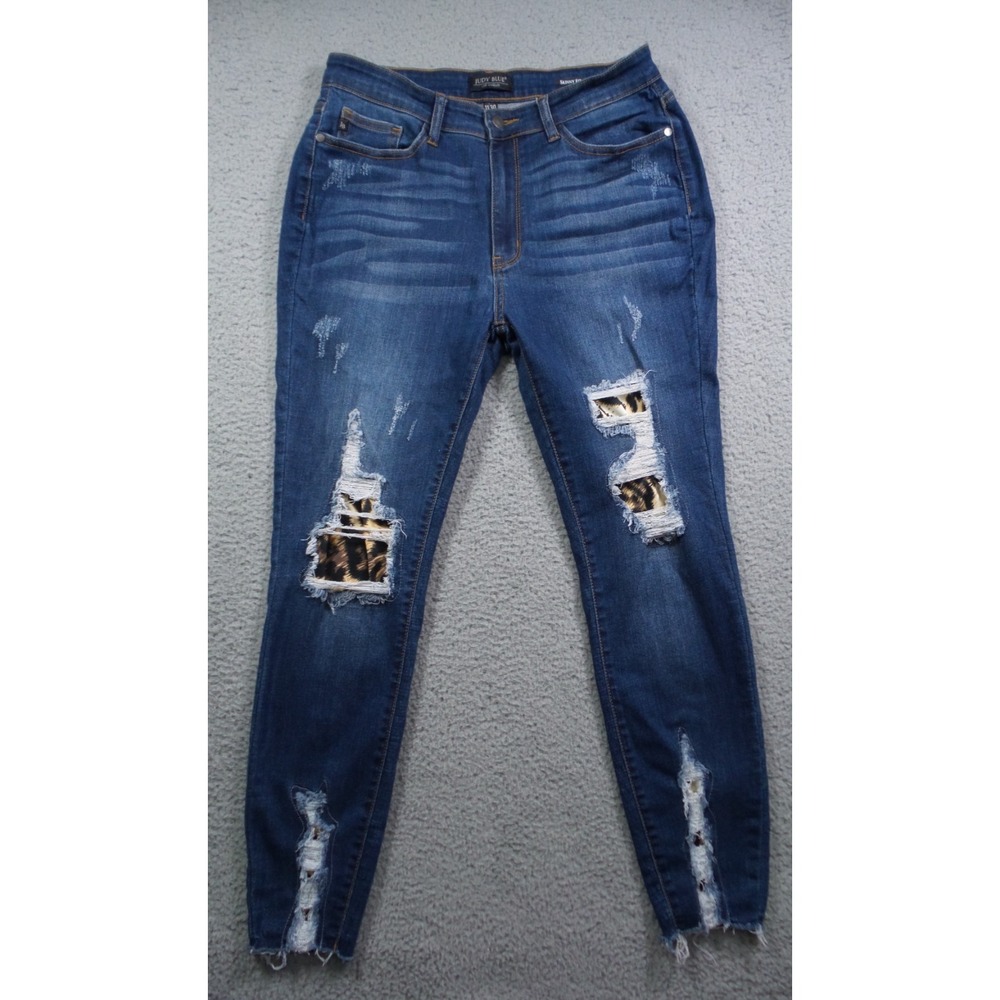Judy Blue Jeans Womens Size 11/30 Blue Denim Skinny Fit Leopard Patch Distressed